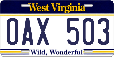 WV license plate OAX503