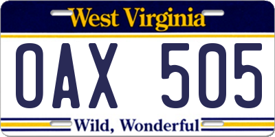 WV license plate OAX505