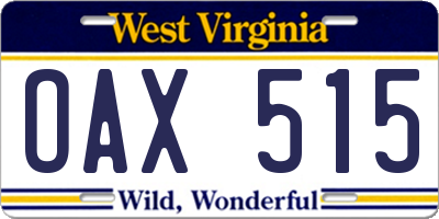 WV license plate OAX515