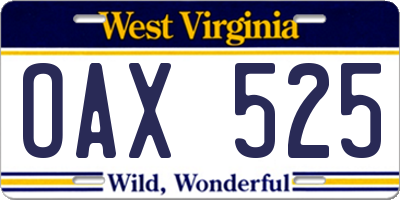 WV license plate OAX525