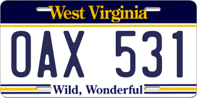 WV license plate OAX531