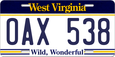WV license plate OAX538
