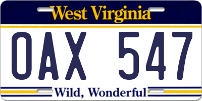 WV license plate OAX547