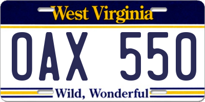 WV license plate OAX550