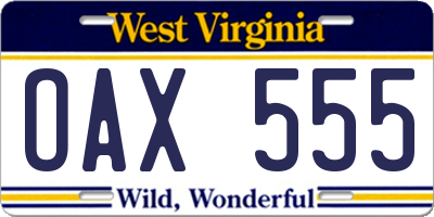 WV license plate OAX555
