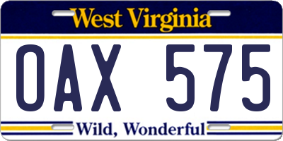 WV license plate OAX575