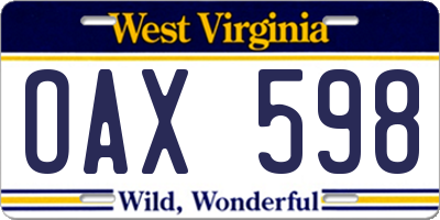 WV license plate OAX598