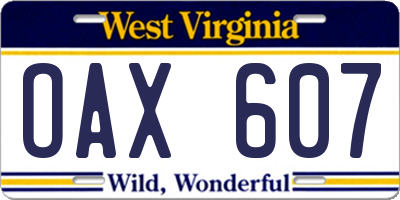 WV license plate OAX607