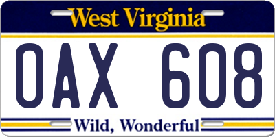 WV license plate OAX608