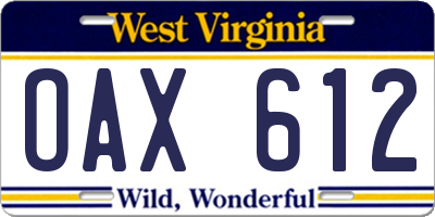 WV license plate OAX612