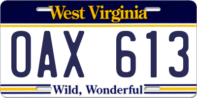 WV license plate OAX613