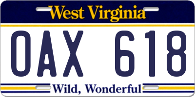 WV license plate OAX618