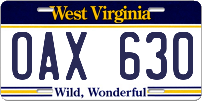 WV license plate OAX630