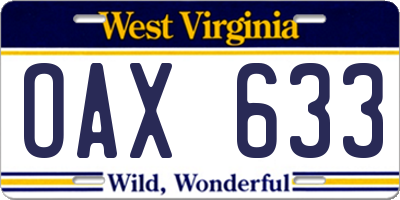 WV license plate OAX633