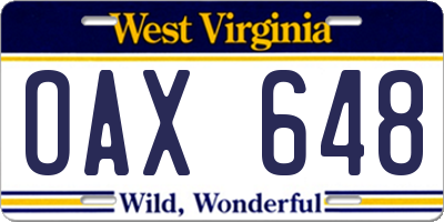 WV license plate OAX648