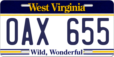 WV license plate OAX655
