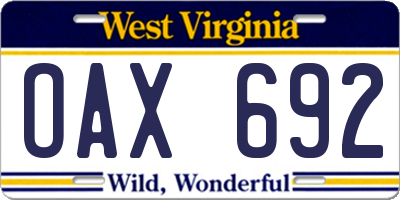 WV license plate OAX692