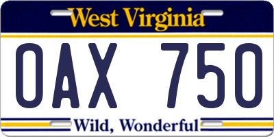WV license plate OAX750
