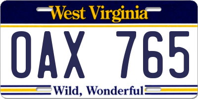 WV license plate OAX765