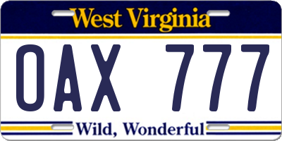 WV license plate OAX777