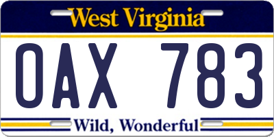 WV license plate OAX783