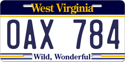 WV license plate OAX784