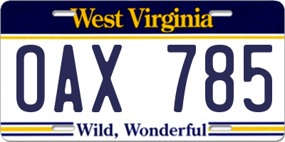 WV license plate OAX785