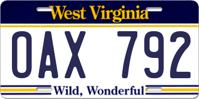 WV license plate OAX792