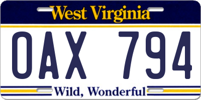 WV license plate OAX794