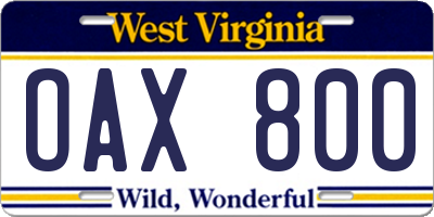 WV license plate OAX800