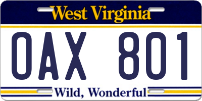 WV license plate OAX801
