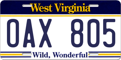 WV license plate OAX805