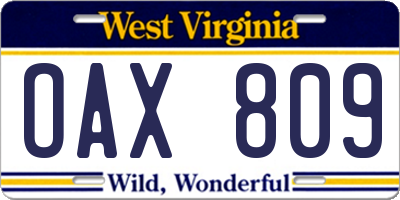 WV license plate OAX809