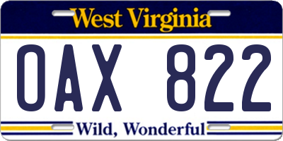 WV license plate OAX822