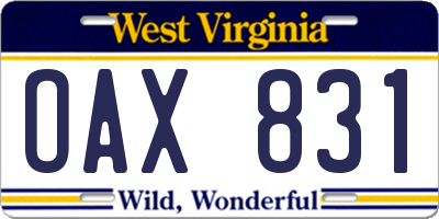 WV license plate OAX831