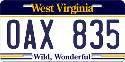 WV license plate OAX835