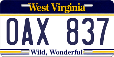 WV license plate OAX837