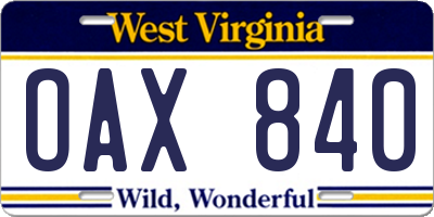 WV license plate OAX840