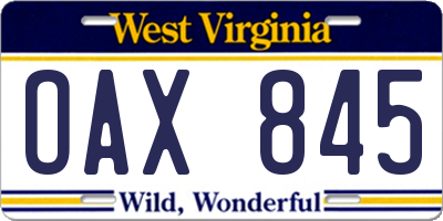 WV license plate OAX845