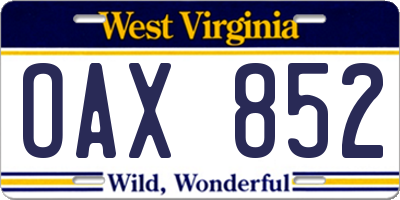 WV license plate OAX852