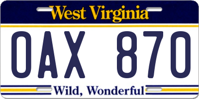 WV license plate OAX870