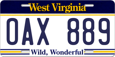 WV license plate OAX889