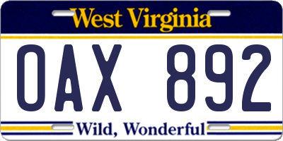 WV license plate OAX892