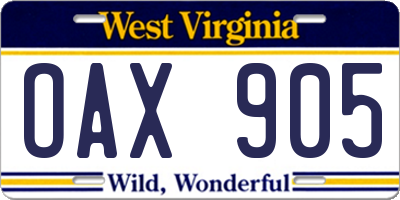 WV license plate OAX905