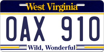 WV license plate OAX910