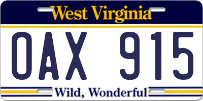 WV license plate OAX915