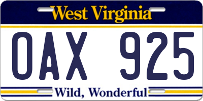 WV license plate OAX925