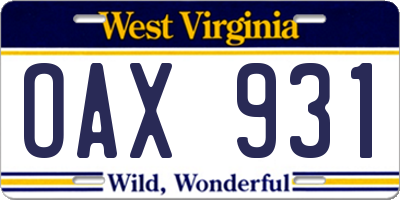 WV license plate OAX931