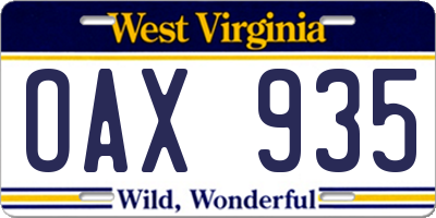 WV license plate OAX935