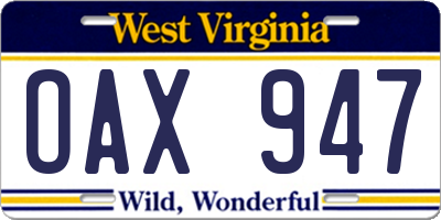 WV license plate OAX947